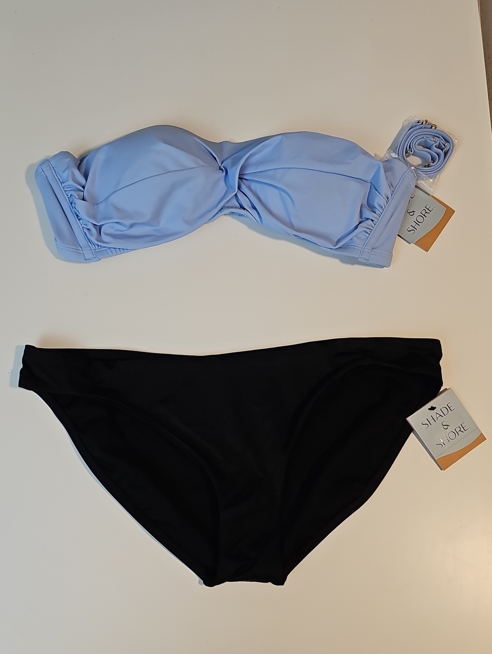 Shade & Shore Women's XL Light Blue Bandeau Top with Black Bikini Bottoms